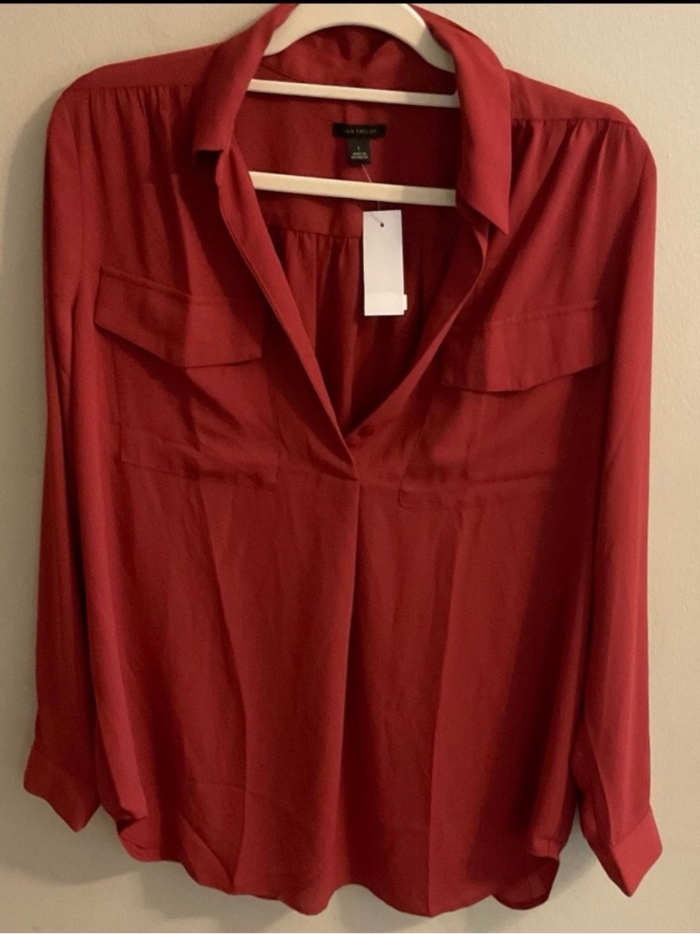 Ann Taylor Red V-Neck Button-Detail Blouse NWT